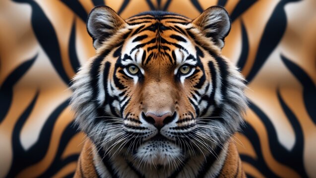 Vibrant tiger face with seamless pattern background showcasing bold stripes and detailed fur textures for design and artistic applications