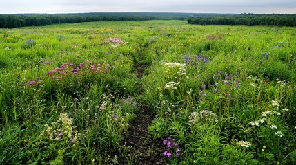 Obraz premium Wildflower field blooming in scenic landscape nature photography serene environment vibrant viewpoint