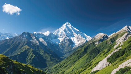 Fototapeta premium Majestic Mountain Range Under Clear Blue Sky Surrounded By Lush Green Slopes Ideal For Hiking And Outdoor Activities Inviting Adventure In Nature