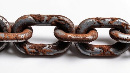 Fototapeta premium Rusty chain segment with a weathered appearance on a clean white background showcasing texture and age of metal elements