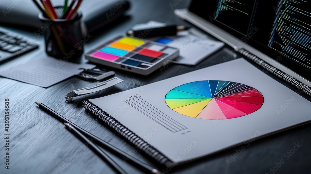 Poster Coding notes and color wheel flat lay creative workspace digital art modern environment top-down view