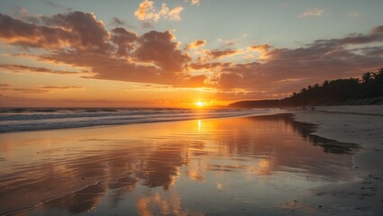 Fototapeta premium Tranquil Beach Sunset with Golden Reflections on Water and Lush Greenery on Horizon