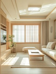 Fototapeta premium A comfortable light filled living room with interior design