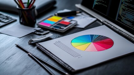 Coding notes and color wheel flat lay creative workspace digital art modern environment top-down view