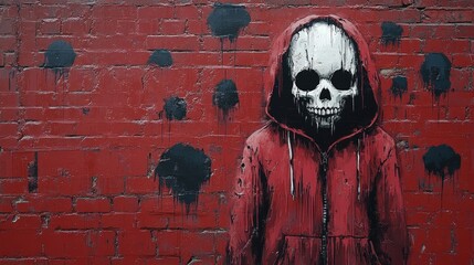 Skull-faced figure in a ripped hoodie on graffiti across a decaying brick wall.