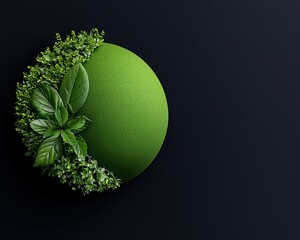 A vibrant green sphere surrounded by fresh herbs and foliage on a dark background.
