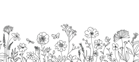 Fototapeta premium Spring and summer flower pattern seamless background vector. Hand drawn botanical floral line art, daisy, wildflower, eucalyptus leaves, butterfly. Design for wallpaper, banner, print, website. 