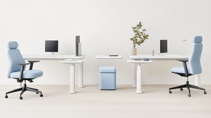 Modern minimalist office space with stylish desks and blue chairs