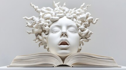 Serene White Female Sculpture with Snake Hair Resting on Open Book