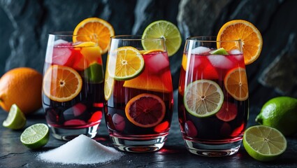 Fototapeta premium Sangria Cocktails Garnished with Citrus Slices and Sugar on Dark Stone Background Refreshing Summer Drink Presentation