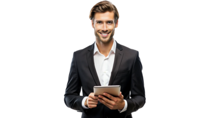  Portrait of a confident young businessman wearing black blazer and holding a tablet with both hands isolated on white background. Suitable for marketing or business purposes. PNG file