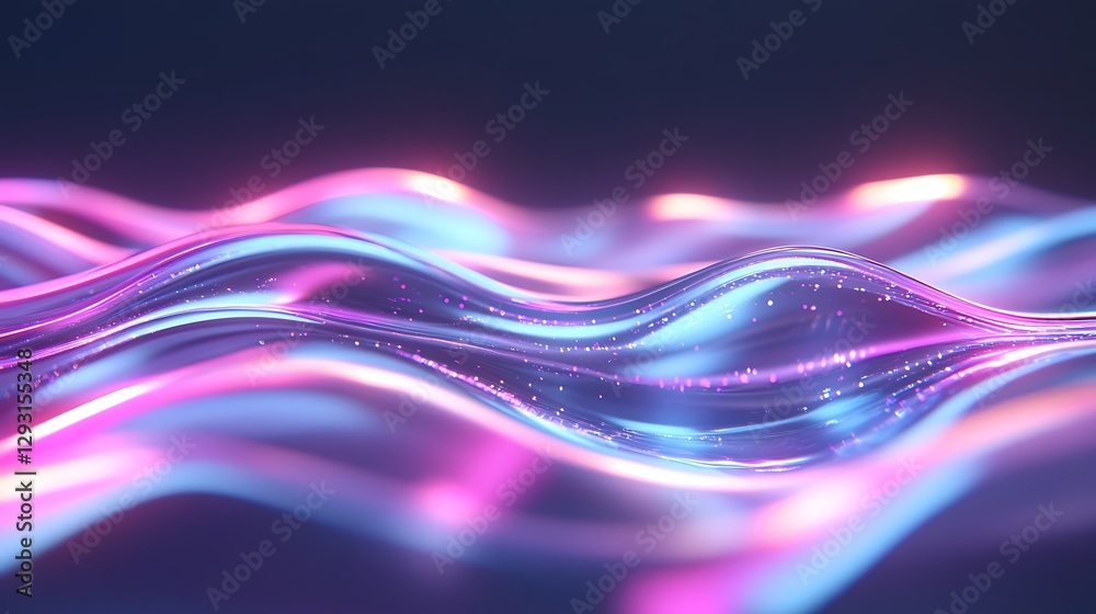 Poster abstract floating waves with colorful light reflections and smooth surface texture in futuristic bac