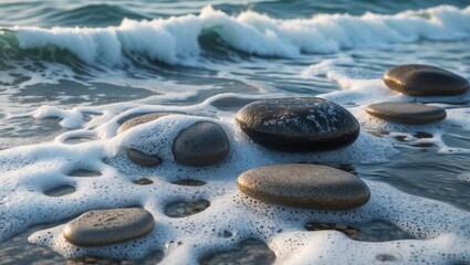 Gentle ocean waves washing over smooth stones with foamy water creating a serene coastal atmosphere for relaxation and tranquility.