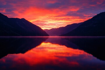 Obraz premium Fiery sunrise reflected in calm mountain lake