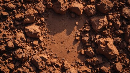 Fototapeta premium Rough textured brown clay soil background illuminated by sunlight with rocks creating a natural earthy atmosphere for design projects.