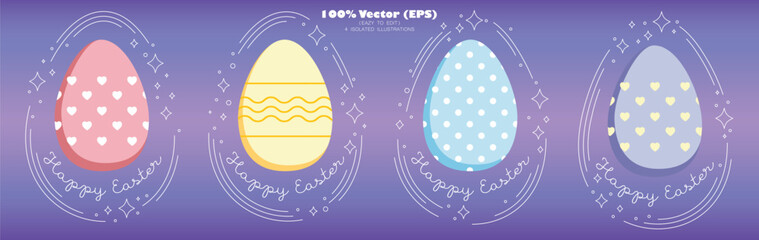 Set of ready made Happy Easter compositions with Easter eggs, Happy Easter inscription and white magical elements. Handdrawn, Vector (EPS), isolated illustrations, printable, easy to edit