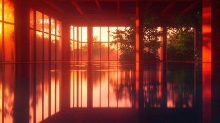 Fototapeta premium Empty room with sunset reflection in flooded floor