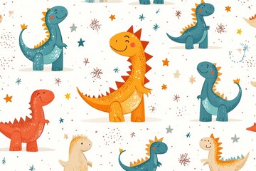 Colorful cartoon dinosaurs playfully arranged on a whimsical background with stars and snowflakes in a lively and cheerful pattern