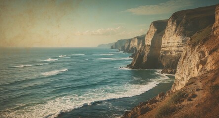 Obraz premium Coastal cliffs meet tranquil waters in a vintage seascape, capturing the serene beauty of nature's rugged shoreline.