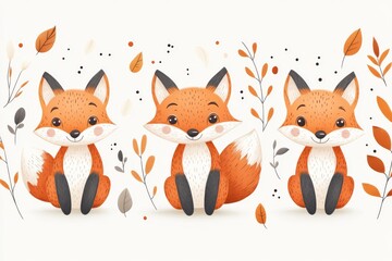 Obraz premium Cute group of three cartoon foxes surrounded by autumn leaves in warm colors, perfect for kids' decor or educational materials