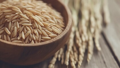 Brown rice bowl, wooden table, harvest