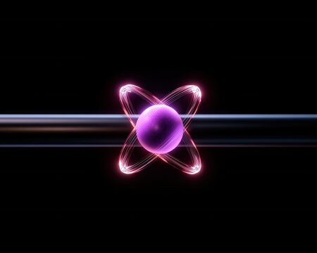 A vibrant illustration of an atom with colorful electron orbits on a black background.