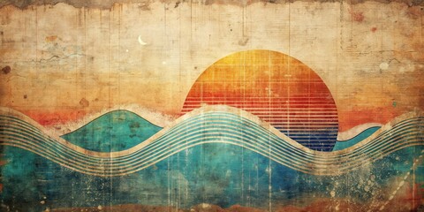 Distressed, analog wave print with a worn, nostalgic feel , vintage vibes