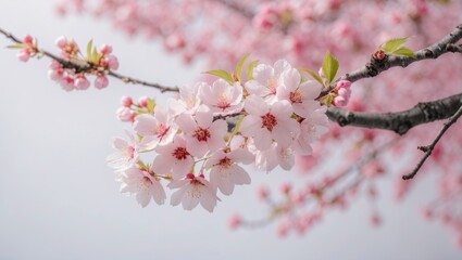 Obraz premium Delicate Cherry Blossom Branch with Pink Flowers Against Soft Background Ideal for Spring Themes and Copy Space for Text