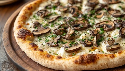 Creamy Mushroom Pizza on Wooden Board