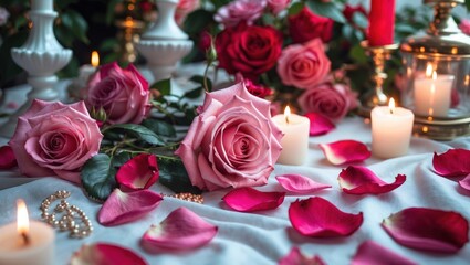 Romantic decorative arrangement with pink roses, candles, and rose petals on a white sheet, creating a serene and intimate atmosphere.