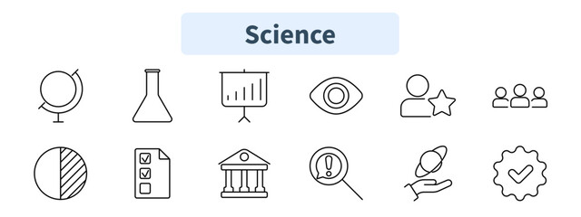 Science set icon. Globe, chemistry flask, data analysis, eye, team, statistics, checklist, institution, warning, scientific research, quality assurance