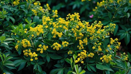 Obraz premium Vibrant yellow flowers blooming amidst rich green foliage creating a captivating contrast in a lush natural setting.