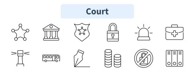 Court set icon. Police badge, courthouse, security shield, lock, siren, first aid kit, watchtower, prisoner transport, legal writing, finance, prohibition, legal files