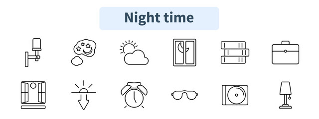 Night time set icon. Wall lamp, dream cloud, sunrise, night window, books, briefcase, smart device, sunset, alarm clock, sleep mask, vinyl record, bedside lamp.