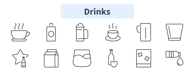 Drinks set icon. Coffee cup, milk carton, beer mug, tea cup, glass, alcohol, juice, whiskey, wine bottle, cocktail, water bottle.