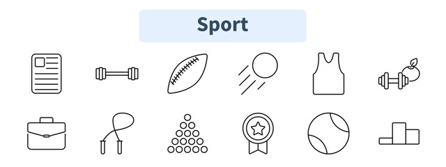 Sport set icon. Document, dumbbell, football, ball, jersey, fitness, briefcase, jump rope, billiard, medal, tennis, podium.