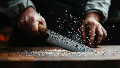 Chef Chopping Spices on Wooden Board in Dark Kitchen