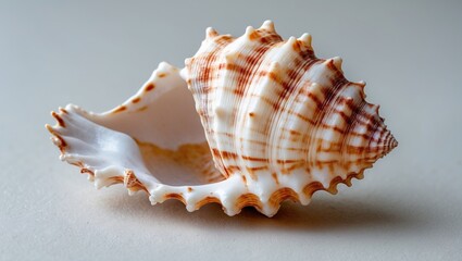 Sea shell with intricate patterns resting on a soft light background showcasing natural textures and colors in marine life.