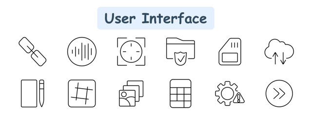 User interface set icon. Link, sound wave, target, folder security, memory card, cloud storage, notebook, grid, gallery, table, settings, fast forward.