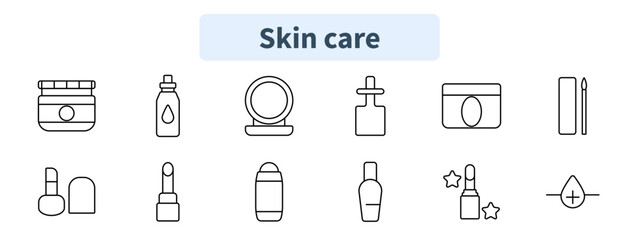 Skin care set icon. Cream jar, serum, mirror, dropper, moisturizer, makeup brush, lipstick, deodorant, nail polish, gloss, hydration, beauty products.