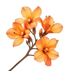 Orange freesia flowers isolated on white background. Flat lay, top view