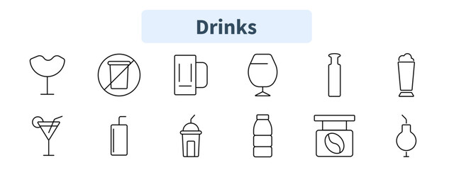 Drinks set icon. Cocktail, no drink sign, beer mug, wine glass, bottle, milkshake, martini, juice, iced coffee, water bottle, coffee jar, potion.