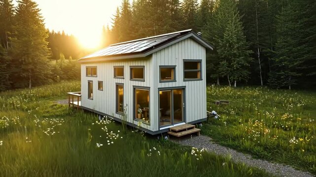 A tiny house with solar panels set in a serene green landscape, highlighting sustainable living and modern design.