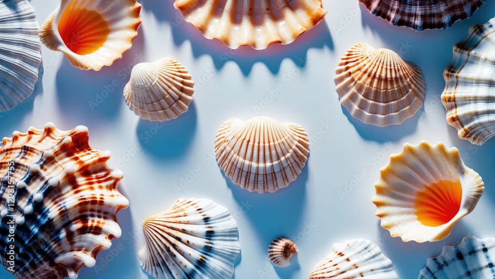 Poster colorful seashells arranged on white background with negative space for text and design elements