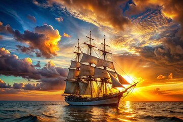 Obraz premium Majestic English Sailing Ship at Sea, Copy Space, Right Composition