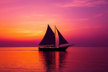 Fototapeta premium Sailboat silhouetted against vibrant sunset over calm ocean
