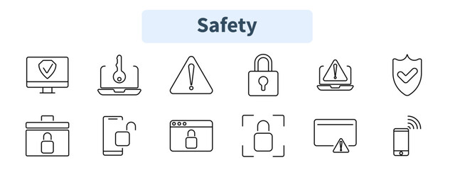 Safety set icon. Computer security, laptop key, alert, padlock, online safety, shield verification, locked storage, browser security, mobile monitoring.