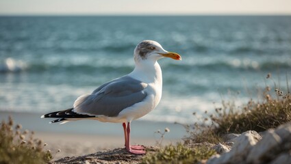 Fototapeta premium Seagull Standing Proudly on Shoreline with Ocean Waves in Background and Clear Space for Inspirational Text or Messages