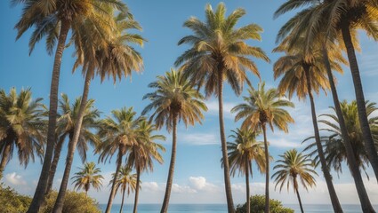 Tropical Paradise with Lush Palm Trees Against Clear Blue Sky and Tranquil Ocean Background Ideal for Travel and Wellness Themes