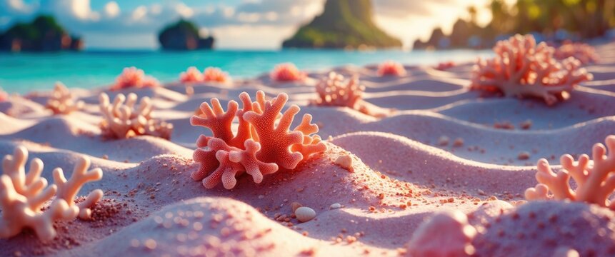 Coral formations on sandy beach with turquoise waters in Bali during sunset showcasing natural beauty and tranquility